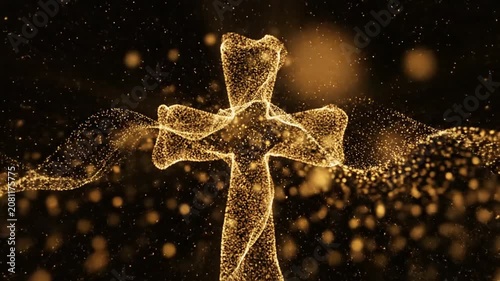 Abstract golden christian cross symbol made of glowing particles on dark background.
