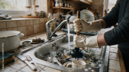 Fotografie A person wearing rubber gloves uses a plunger to clear a clogged kitchen sink filled with dirty dishes