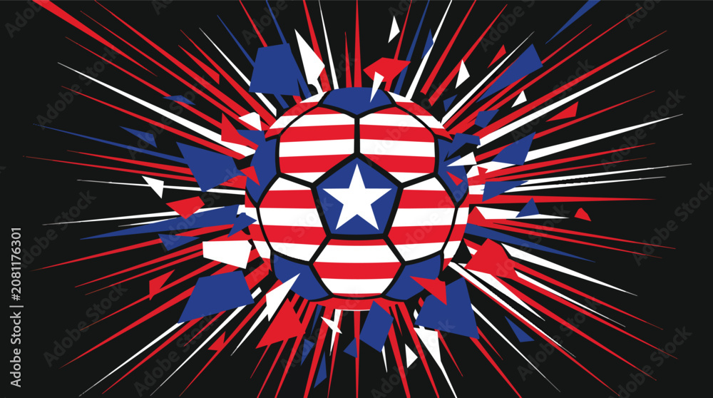 Fototapeta premium Usa soccer ball exploding with american flag stars and stripes in dynamic flat vector for sports media editorial