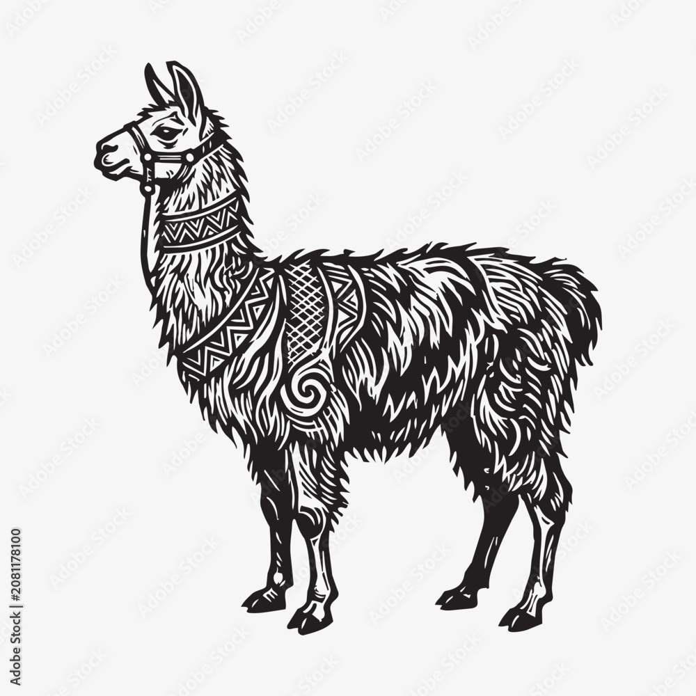 Fototapeta premium Ornate Llama Illustration with Intricate Tribal Patterns and Decorative Harness