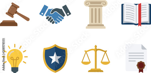 Legal services flat vector icons collection including justice scales judge gavel law book and contract agreement symbols