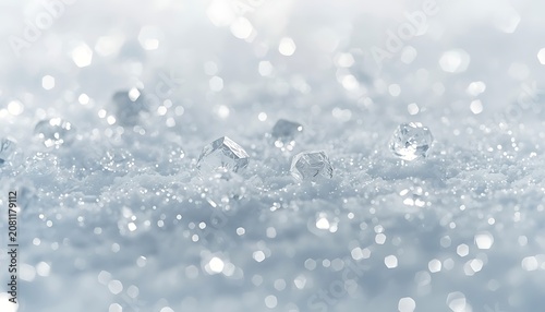 Close-up of sparkling ice crystals on a snowy surface, with soft bokeh background, evoking a sense of winter's delicate beauty