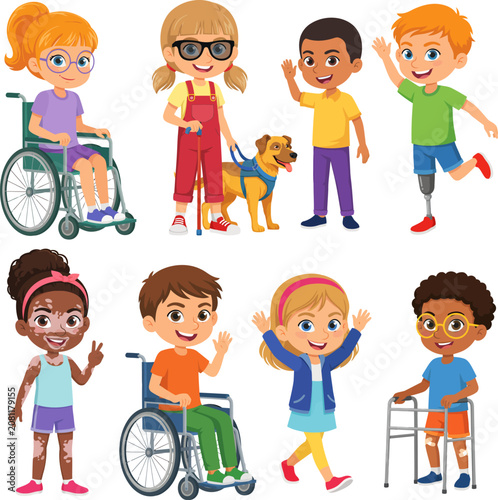 Inclusive group of happy diverse children with physical disabilities interacting and playing together in harmony