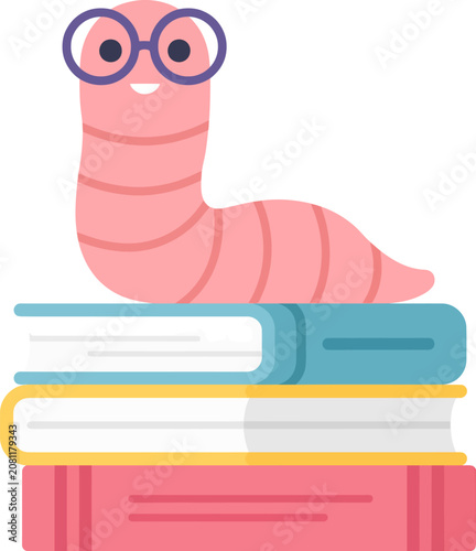 Smart pink cartoon worm character wearing glasses sitting on top of a colorful stack books