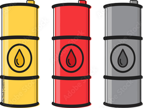 Set of three colorful oil drums icons showing yellow red and grey barrels for industry