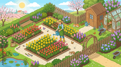 Colorful and lush garden scene showcasing vibrant flower beds a cozy wooden house a charming greenhouse a variety of blooming plants and a peaceful pathway amidst greenery capturing the essence of hor