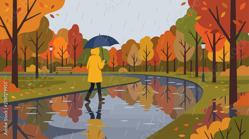 A person walking along a winding pathway during autumn in a park surrounded by vibrant fall foliage colorful trees calm water reflecting the landscape and an overcast sky creating a peaceful serene at