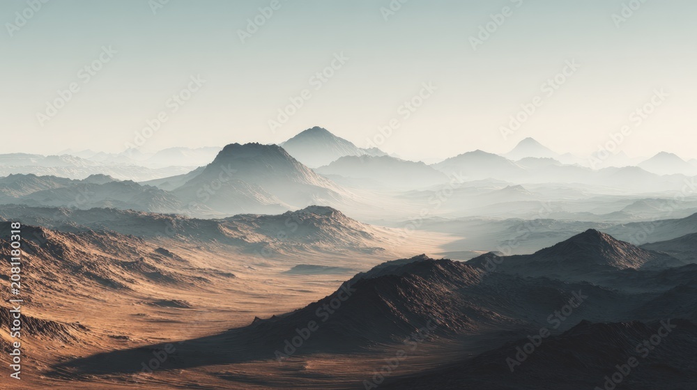 Obraz premium Vast arid mountain range with hazy peaks and desert valley