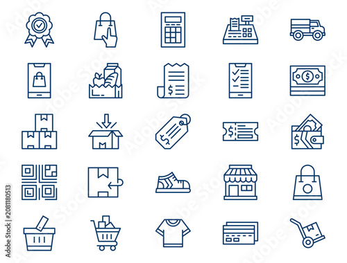 Commercial retail shopping outline collection presents detailed e-commerce market elements. Business concept