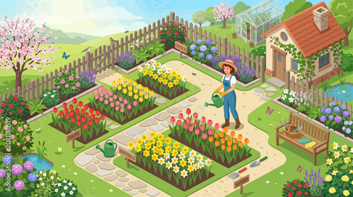 Colorful flower garden with neatly arranged flower beds blooming trees lush green lawn charming pathway and a cozy house in the background showcasing a peaceful outdoor environment for relaxation and 