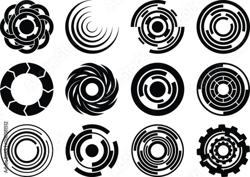 Abstract Circular Technology Interface Icons Collection with Futuristic Geometric HUD Design Elements Vector Set