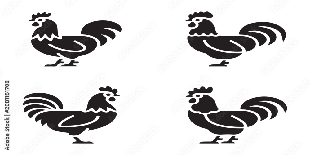 Fototapeta premium Minimalist black silhouette set of roosters in simple poses isolated on white for agricultural graphic design.