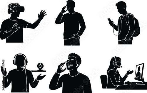 Communication and Digital Technology Silhouette Collection with VR, Smartphone, Customer Support and Video Call