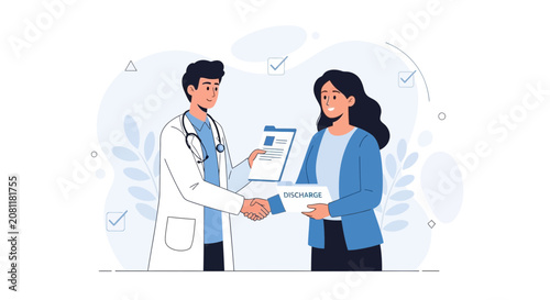 Doctor and Patient Shaking Hands with Discharge Papers - Vector Illustration