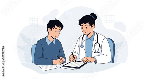 Doctor and Patient Signing Medical Document, Healthcare Consultation Illustration