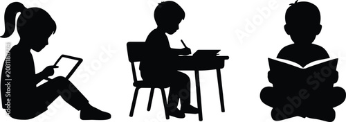 Children Learning Silhouette Collection with Reading, Writing and Digital Education Vector Illustrations