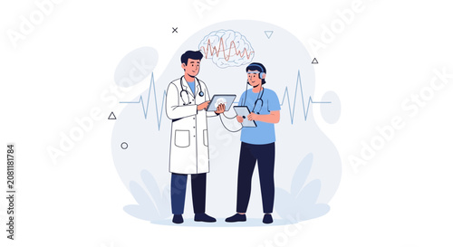 Doctor and Patient Undergoing EEG Test, Brainwave Monitoring and Medical Technology