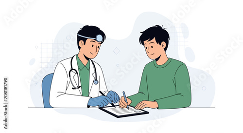 Doctor and Patient Signing Medical Document, Healthcare Consultation Vector Illustration