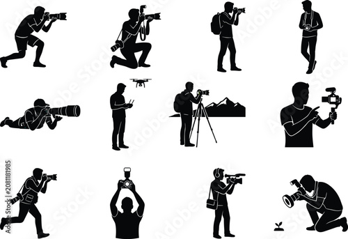 Professional Photographer and Videographer Silhouette Collection with Camera Drone Tripod and Content Creator Poses