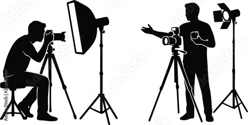 Professional Photography Studio Silhouette Set with Photographer Videographer Camera Tripod and Lighting Equipment