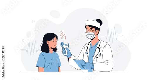 Doctor checking child's temperature with infrared thermometer, illustrating healthcare check-up, disease prevention, and medical diagnostics.