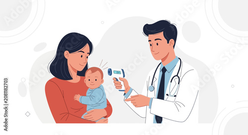 Doctor checks baby's temperature with infrared thermometer while mother holds child, vector illustration.
