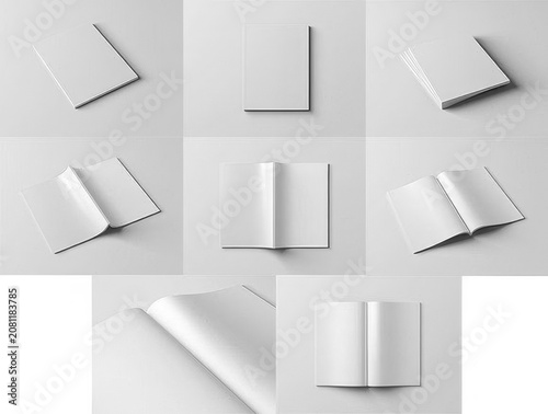 Collection of white blank book mockups in various orientations on gray background