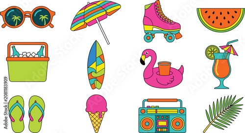 Summer Vacation and Beach Icon Collection Featuring Sunglasses, Umbrella, Roller Skates, Watermelon, Flamingo Float, Cocktail, Surfboard, and Tropical Accessories