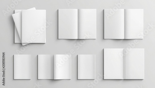 Collection of white blank book and magazine mockups on gray background for design presentation
