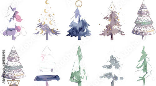 Watercolor Christmas Tree Collection Featuring Abstract Evergreen Pines, Minimal Holiday Fir Trees, and Hand Painted Winter Botanical Illustrations for Seasonal Designs