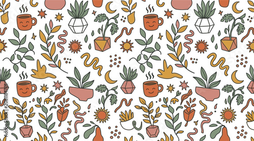 Seamless Hand Drawn Houseplant Pattern Featuring Potted Plants, Botanical Leaves, Flowers, and Boho Nature Elements for Textile and Wallpaper Designs