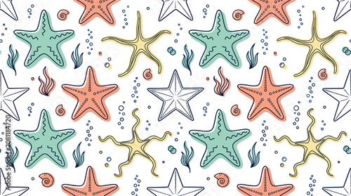 Seamless Hand Drawn Starfish Pattern Featuring Colorful Sea Stars, Coral, Seashells, and Ocean Elements for Summer Textile and Coastal Background Designs