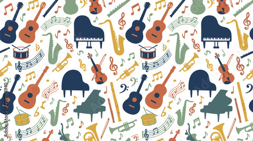 Seamless Musical Instruments Pattern Featuring Guitars, Piano, Violin, Saxophone, Trumpet, Drum, Notes, and Orchestra Elements for Textile and Wallpaper Designs