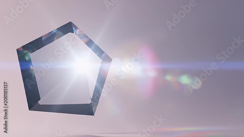 Abstract geometric crystal pentagon shape with bright light flare and rainbow bokeh background for creative graphic design