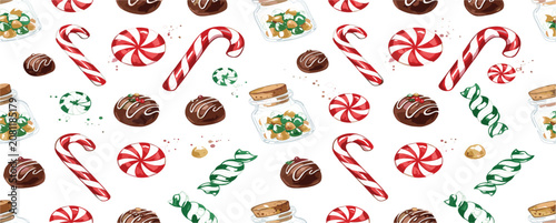 Seamless Watercolor Christmas Candy Pattern Featuring Candy Canes, Peppermints, Chocolate Truffles, Wrapped Sweets, and Festive Holiday Dessert Background