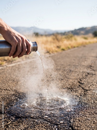 Hand Pouring Water from a Stainless Steel Flask onto a Hot Asphalt Road with Rising Vapor