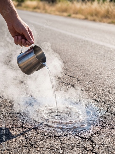 Close Up of Hand Pouring Water from a Metal Pitcher onto Scorching Hot Asphalt Creating Steam