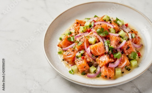 **Fresh Salmon Ceviche with Cucumber, Pickled Red Onion, Cilantro, Chili and Citrus Marinade on White Ceramic Plate, Gourmet Seafood Appetizer, Hyper-Realistic Food Photography with Copy Space** - 1
