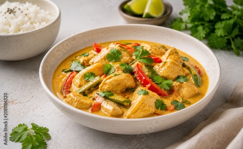 Thai chicken curry with red bell peppers and cilantro in a white bowl, served with side dishes of steamed white rice and fresh lime wedges - 1