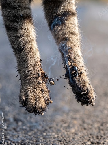 Macro Shot of Cat Paws Burning and Stuck with Melted Tar from Hot Asphalt