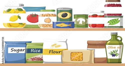  Pantry shelves vector illustration filled with kitchen grocery staples canned food glass jars flour sugar and olive oil