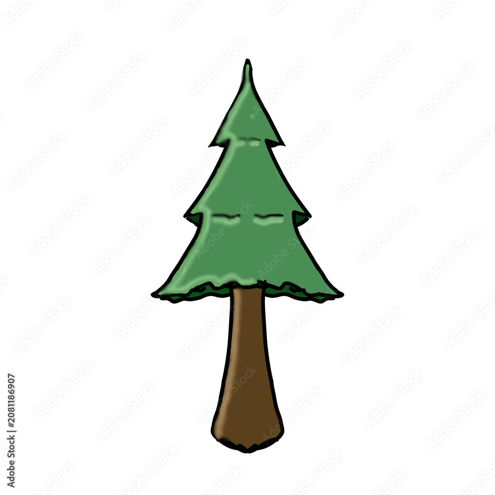 Fototapeta premium Minimalist green pine tree cartoon illustration isolated on white background. Perfect for education, nature concepts, children's books, icons, stickers, forest themes, and graphic design projects.