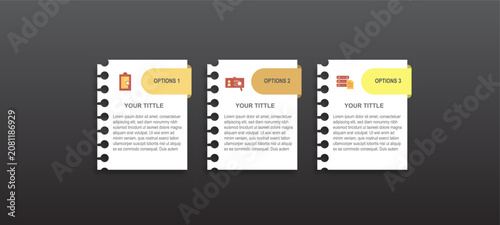 Modern notebook infographic template with three editable option cards, clean flat icons, and organized layouts. Ideal for business presentations, workflow visualization, process diagrams, and reports.