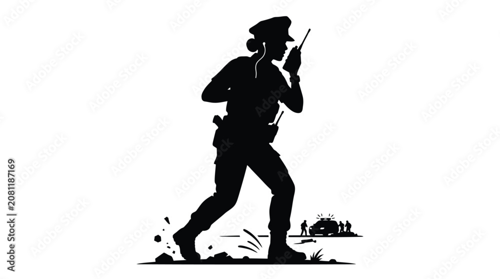 Naklejka premium Black silhouette of a female police officer wearing a uniform and hat while talking into her portable radio device in a professional outdoor law enforcement setting