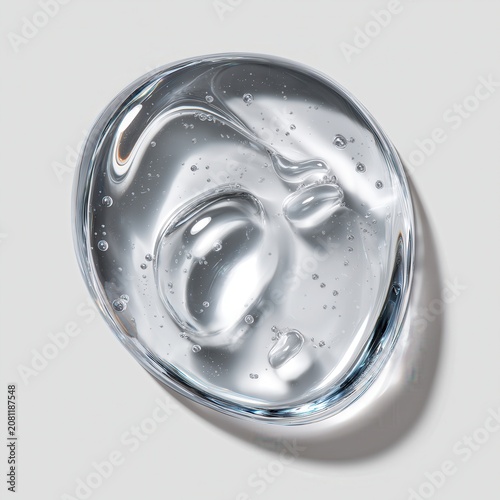 A close-up of a clear gel droplet with bubbles inside, casting a soft shadow on a light surface