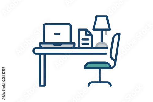 Minimal Flat Outline Office Desk Setup Icon