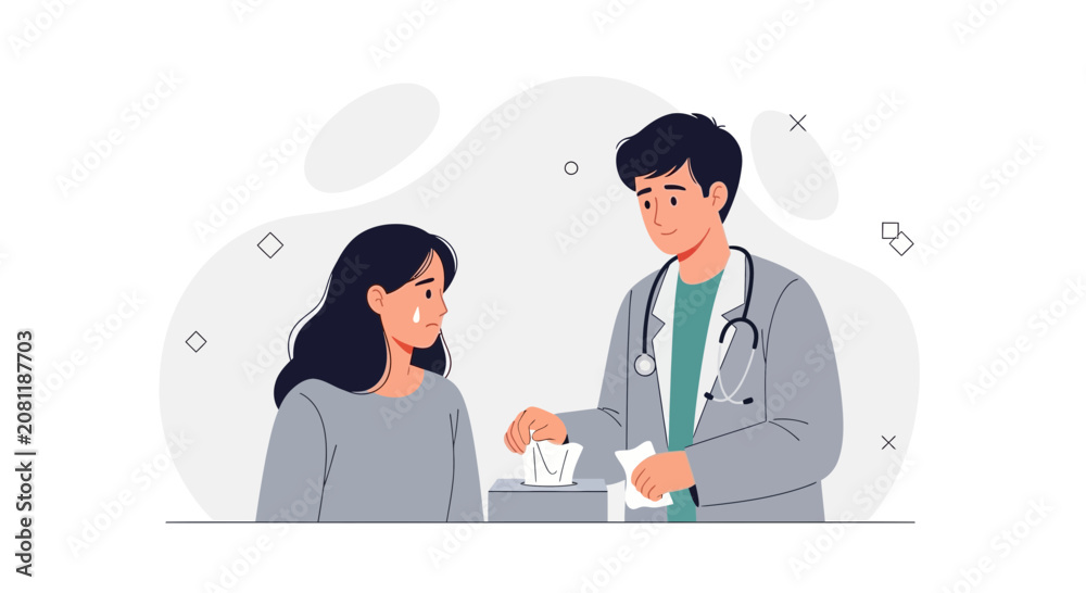 Fototapeta premium Doctor Comforting Crying Patient with Tissues - Healthcare Empathy and Support Vector Illustration