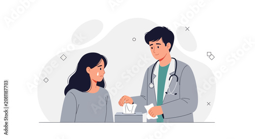 Doctor Comforting Crying Patient with Tissues - Healthcare Empathy and Support Vector Illustration