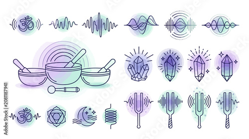 Vibrational sound healing icons including singing bowls, crystals, and tuning forks for spiritual meditation and holistic wellness therapy