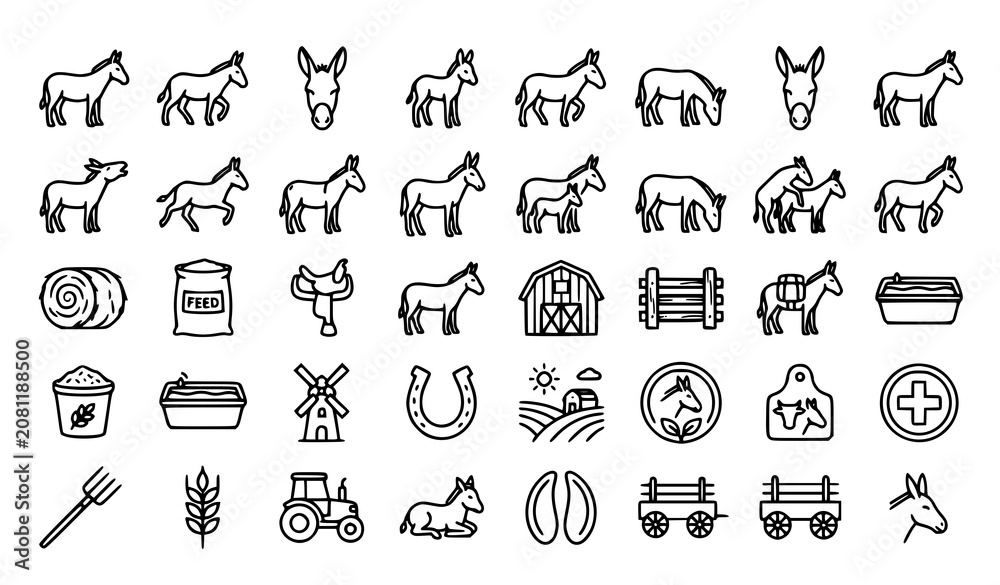Fototapeta premium Donkey Line Icon Set with Farm Animal Pack Mule Rural Agriculture and Livestock Symbols Editable Vector Collection